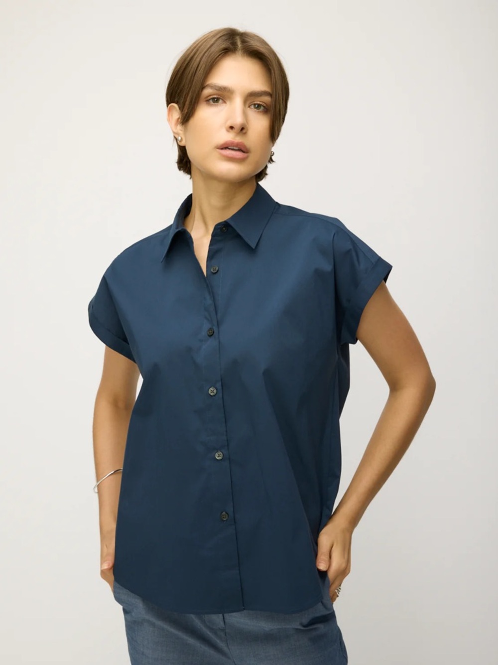Kit & Ace Brooklyn Down short sleeve button up shirt navy blue oversized casual